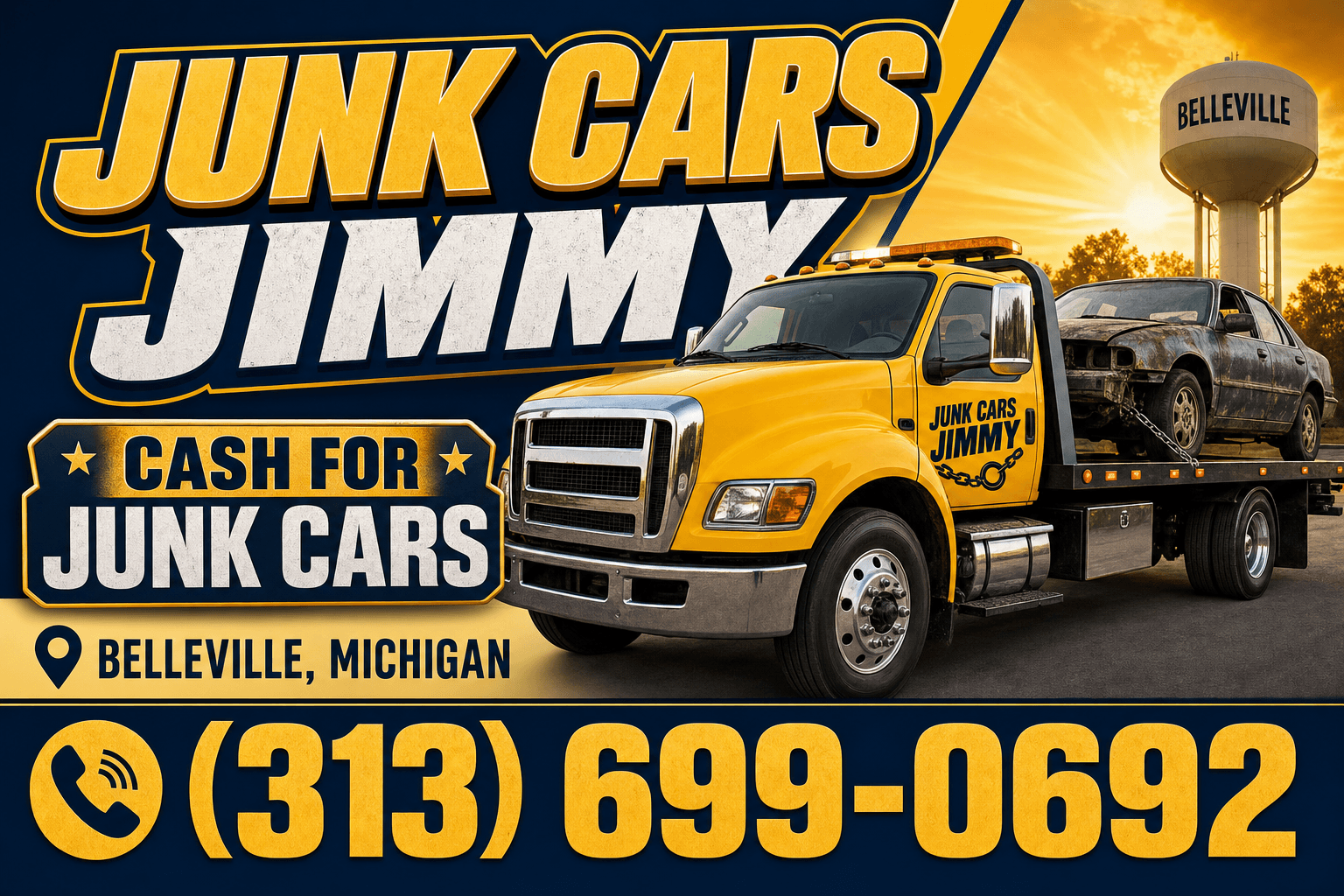 Junk Cars Jimmy yellow tow truck advertisement for cash for junk cars