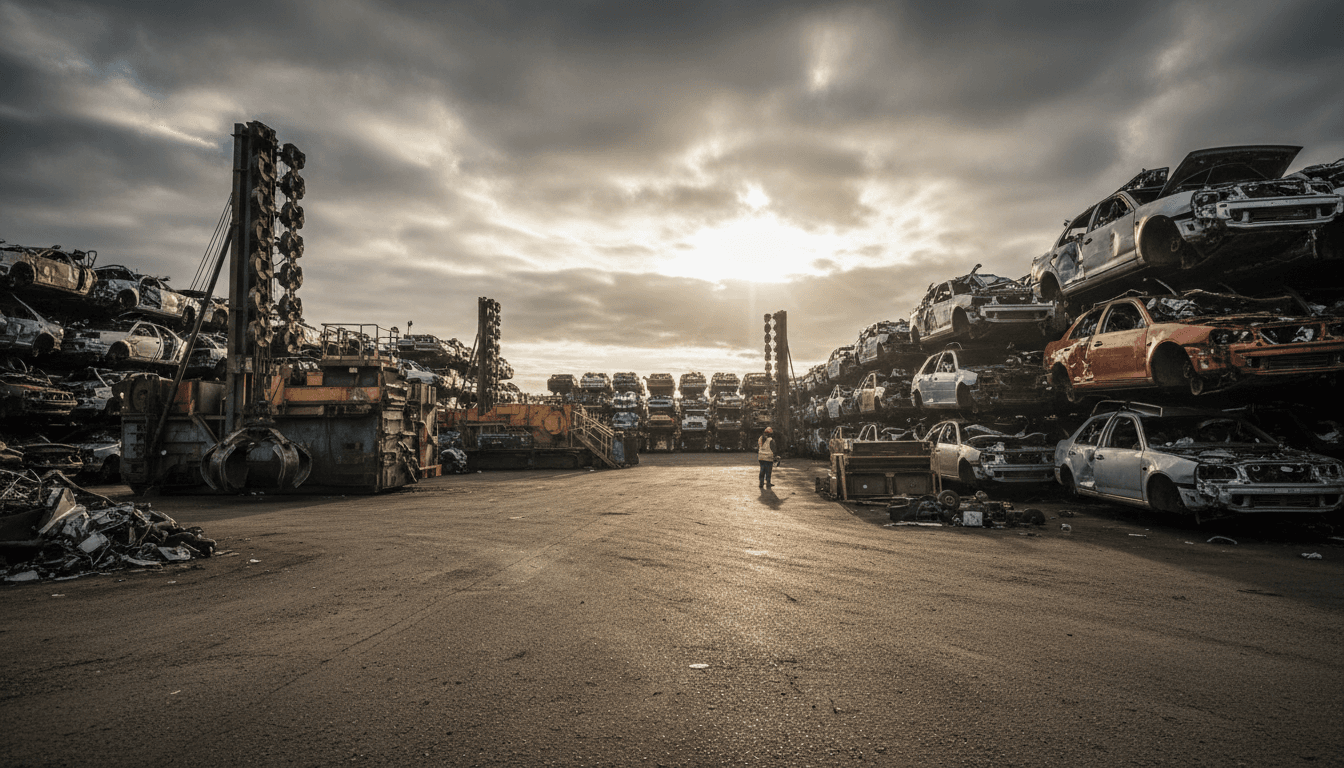 Junk cars organized in salvage yard for recycling